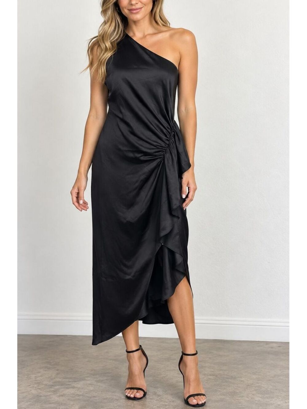 Ramy Brook Malika Black One Shoulder Draped Midi Dress NWT Cocktail MSRP: $545